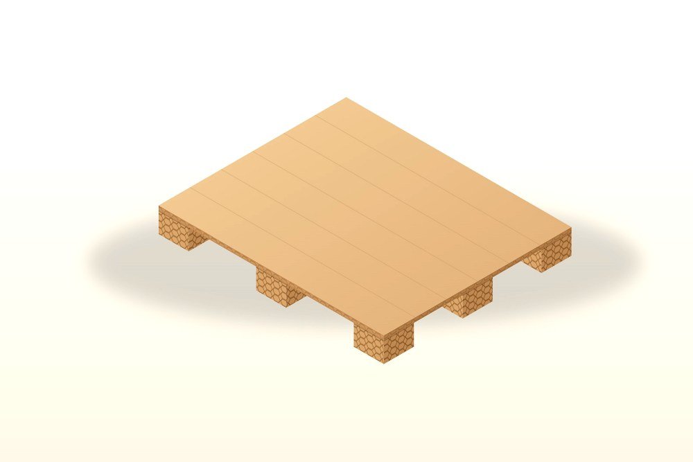 Illustration of a honeycomb paper pallet: a kraft paper deck on nine honeycomb paper blocks, no wood