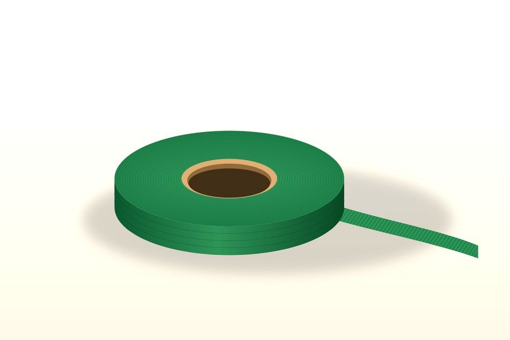Illustration of a green embossed PET strap roll wound on a paper core