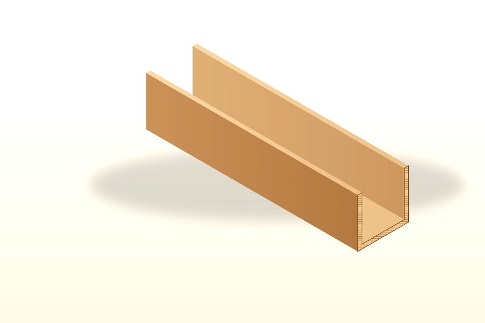 Illustration of a U-shape paper edge protector: a kraft channel with two legs and a laminated base